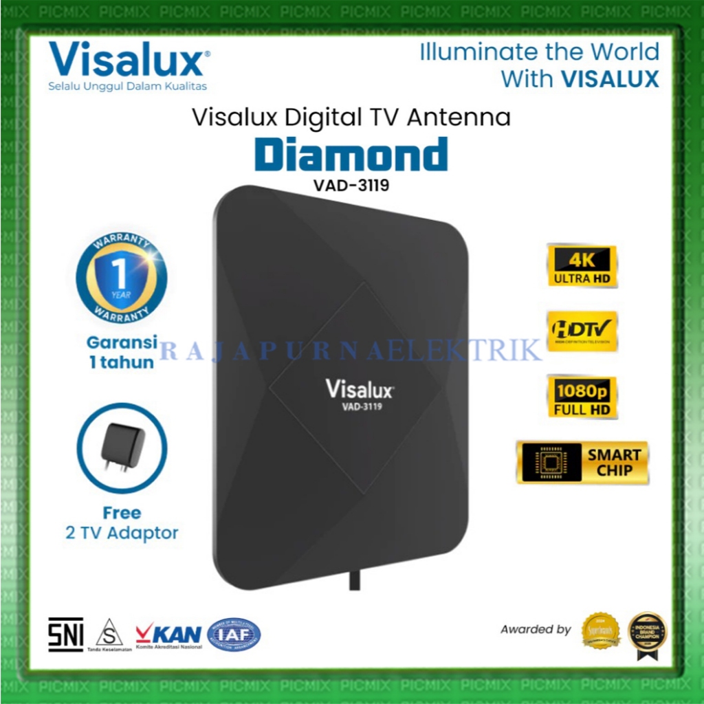 Visalux Diamond Antena TV Digital indoor Outdoor Luar Dalam Kabel 10m HD 4K