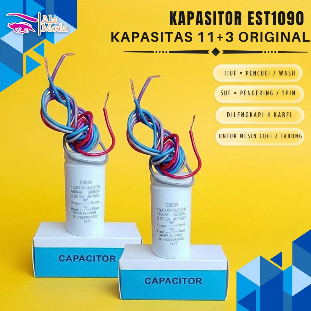ALAMODA  KAPASITOR MESIN CUCI 2 TABUNG ORI 11+3 MIKRO / KAPASITOR EST1090