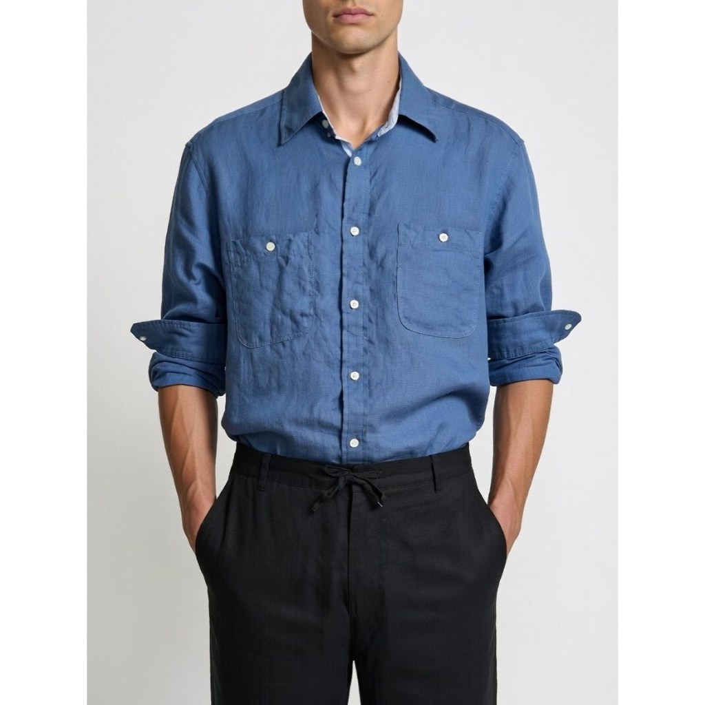 SPAO FOR MEN RELAXED FIT DOUBLE POCKETS LINEN BLEND SHIRT - BLUE (L)