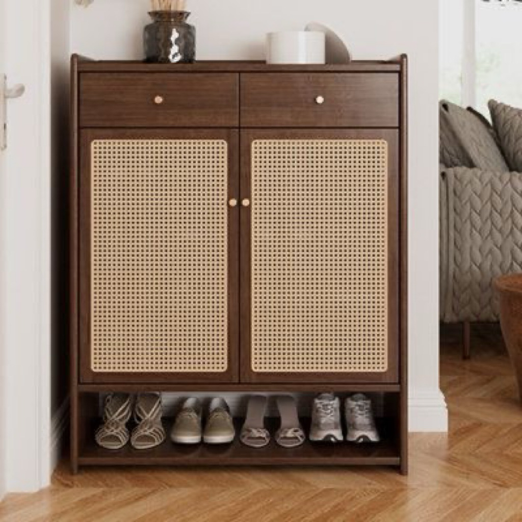 RAK SEPATU PINTU ROTAN 2 LACI KAYU JATI