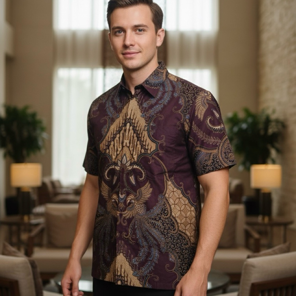 UNGU LILAC 760 Hem batik pria bahan katun lapis furing lengan pendek