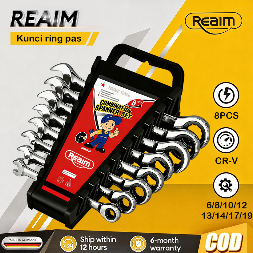 Reaim Kunci Ring Pas set 8 Pcs 6-19mm Kunci Pas Baja Vanadium Chrome