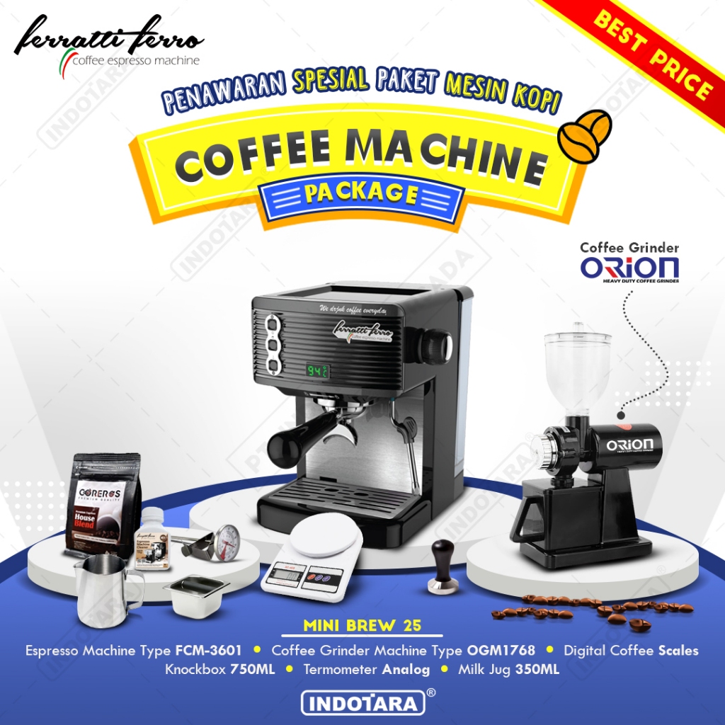 Paket Mesin Kopi Espresso / Mesin Kopi Ferratti Ferro FCM-3601 Black - Mini Brew 25 - 27