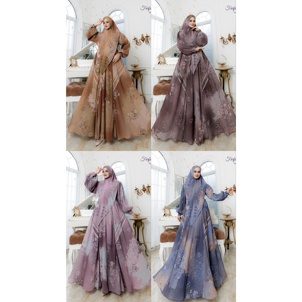 Nazawa Farfadh Syar’i Ceruti Babydoll Full Printing Khimar 2 Layer Gamis Kondangan Lebaran Syar’i Se