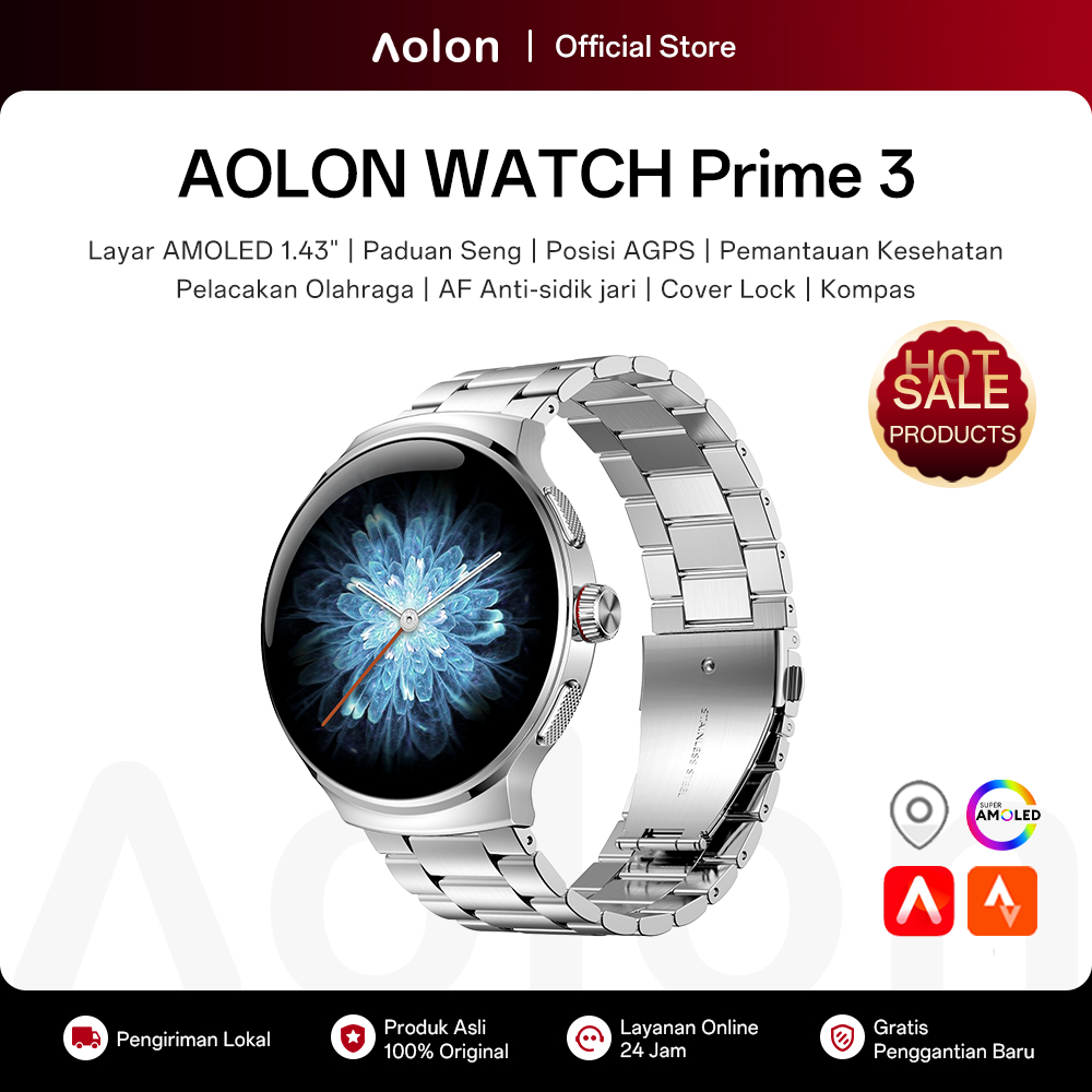 Aolon Prime 3 Jam Smartwatch 1.43-inci Amoled AOD Cover Lock Metal Case Bluetooth Call 100+ Sports