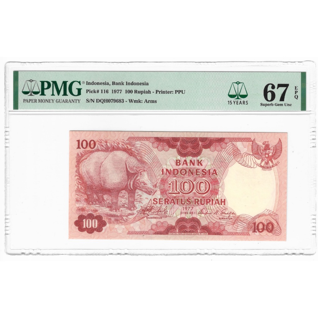 Uang Kuno 100 Rupiah Badak Jawa PMG 67 EPQ