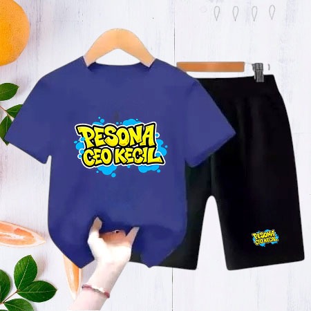 Setelan Anak Peseona ceo kecil – Baju Kaos 2-10 tahun + Celana Pendek Lucu Unik Viral Terbaru
