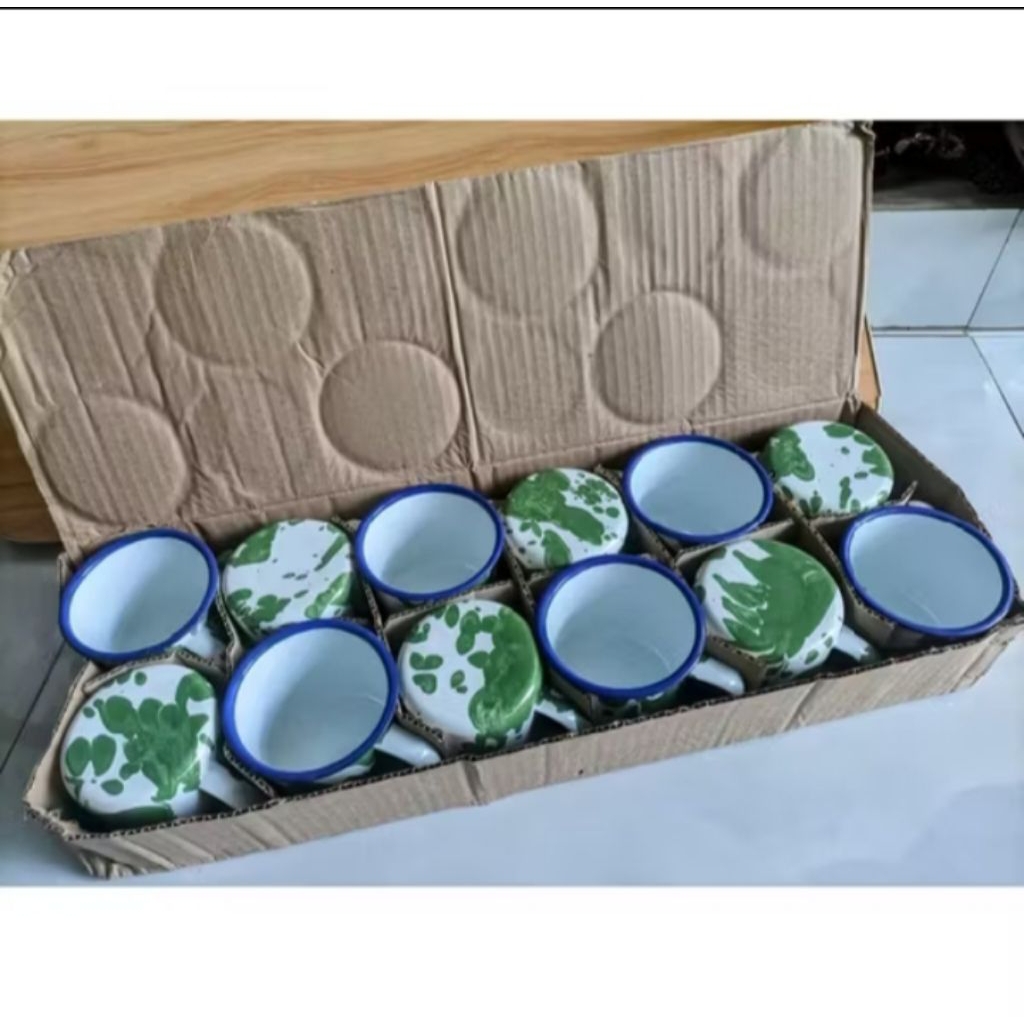 Mug Enamel Blirik 12 / 6 Pcs Cangkir Jadul Motif Burik Loreng