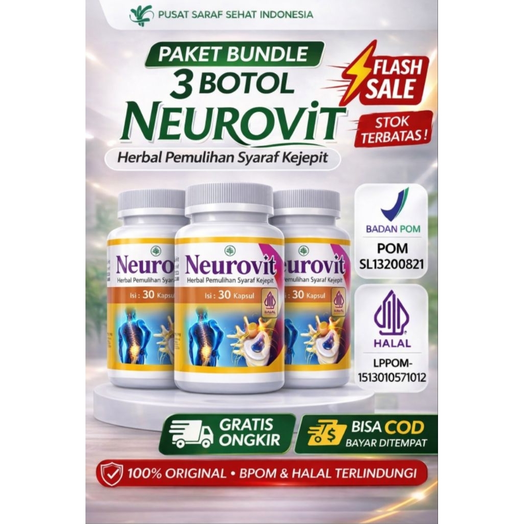Bundle 3 Botol Neurovit Herbal Saraf Terjepit – 90 Kapsul | 100% Original | BPOM & Halal | COD