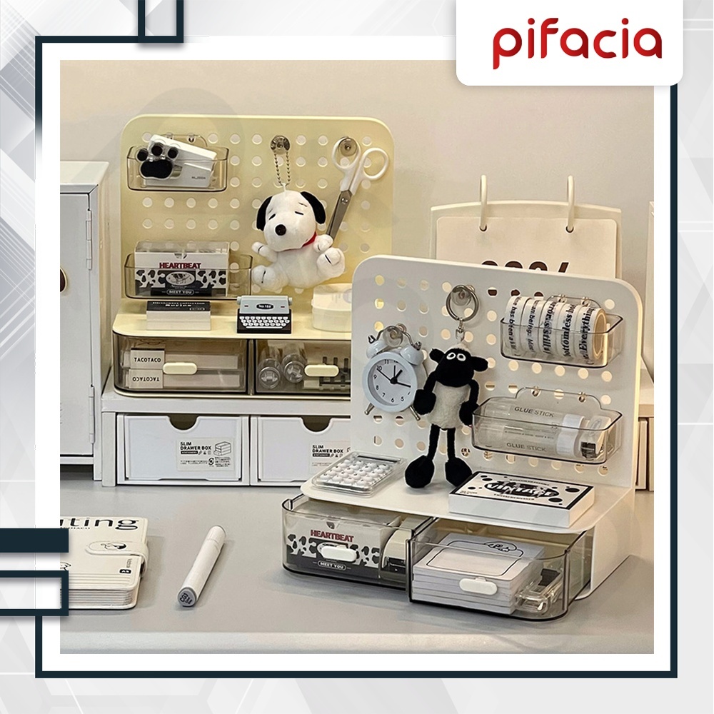 PIFACIA Rak Minimalis dengan Laci Transparan Organizer Alat Tulis Kosmetik Pegboard Serbaguna Storag