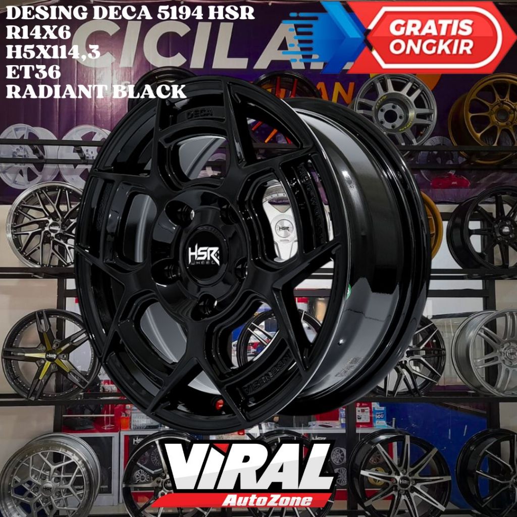 Velg Mobil Ring 14 HSR Desing Deca R14 Lebar 6 inc Lubang 5 PCD 114,3 Hitam Glossy