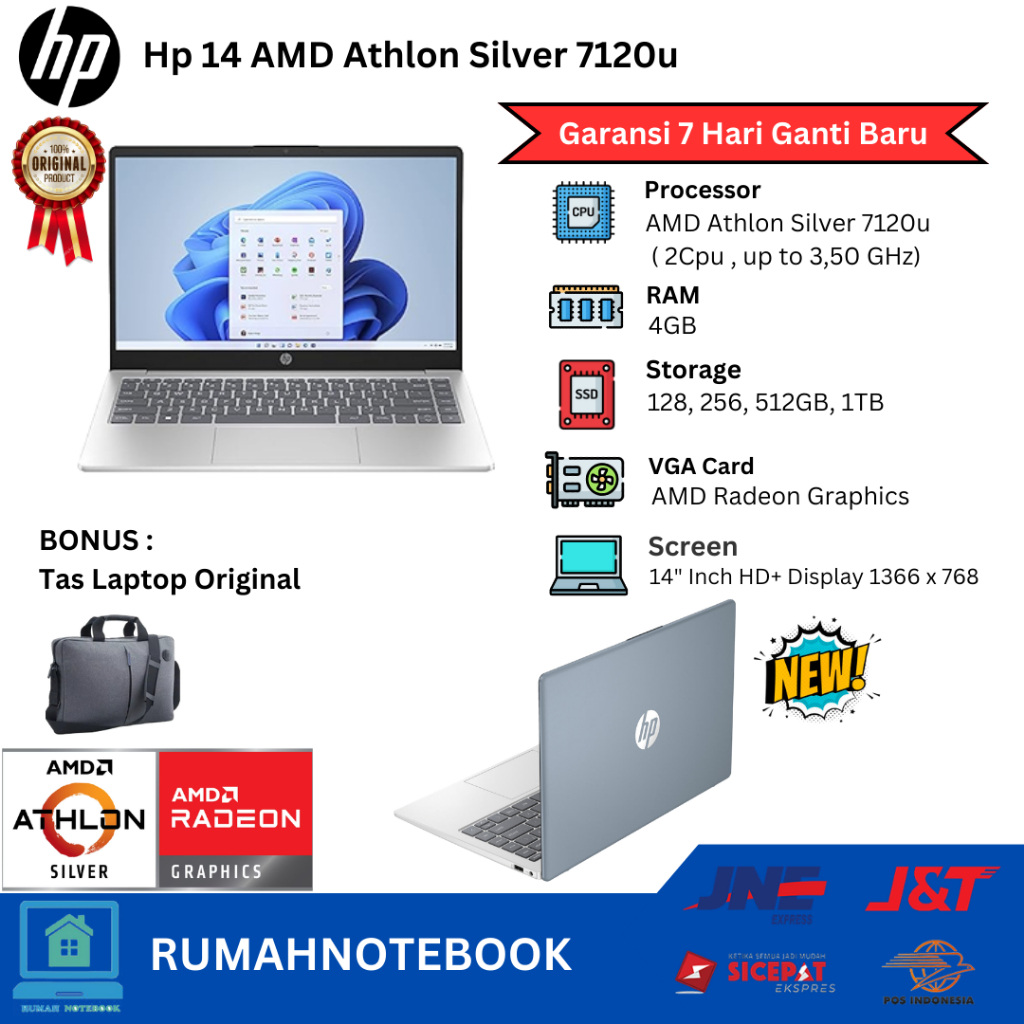 Laptop Baru Hp 14 AMD Athlon 7120u (2cpu) Up to 3,5Ghz SSD Blue