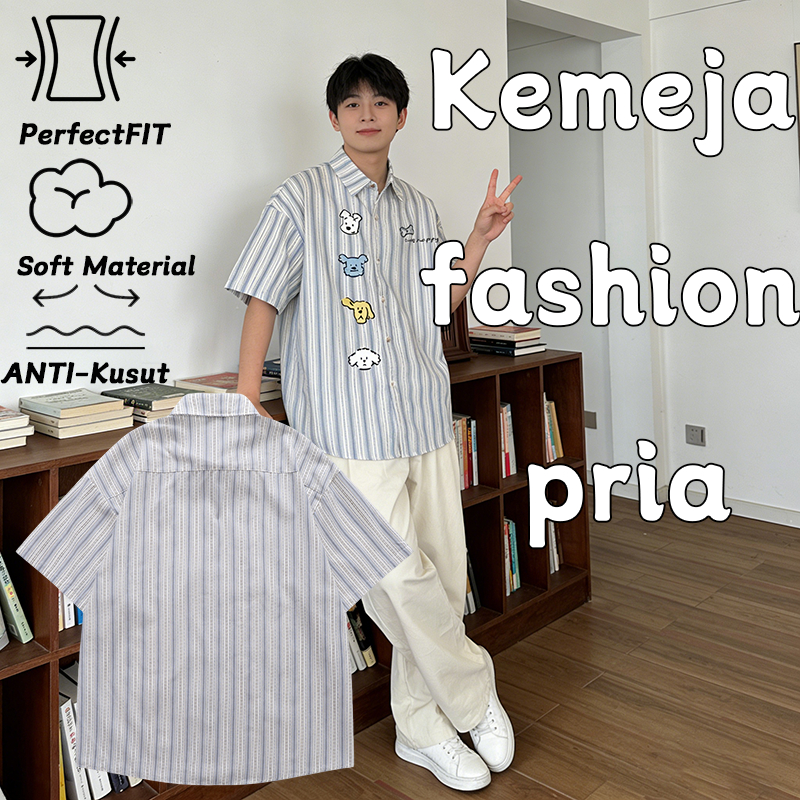 Kemeja pria lengan pendek berkancing dengan motif anak anjing kartun, unisex