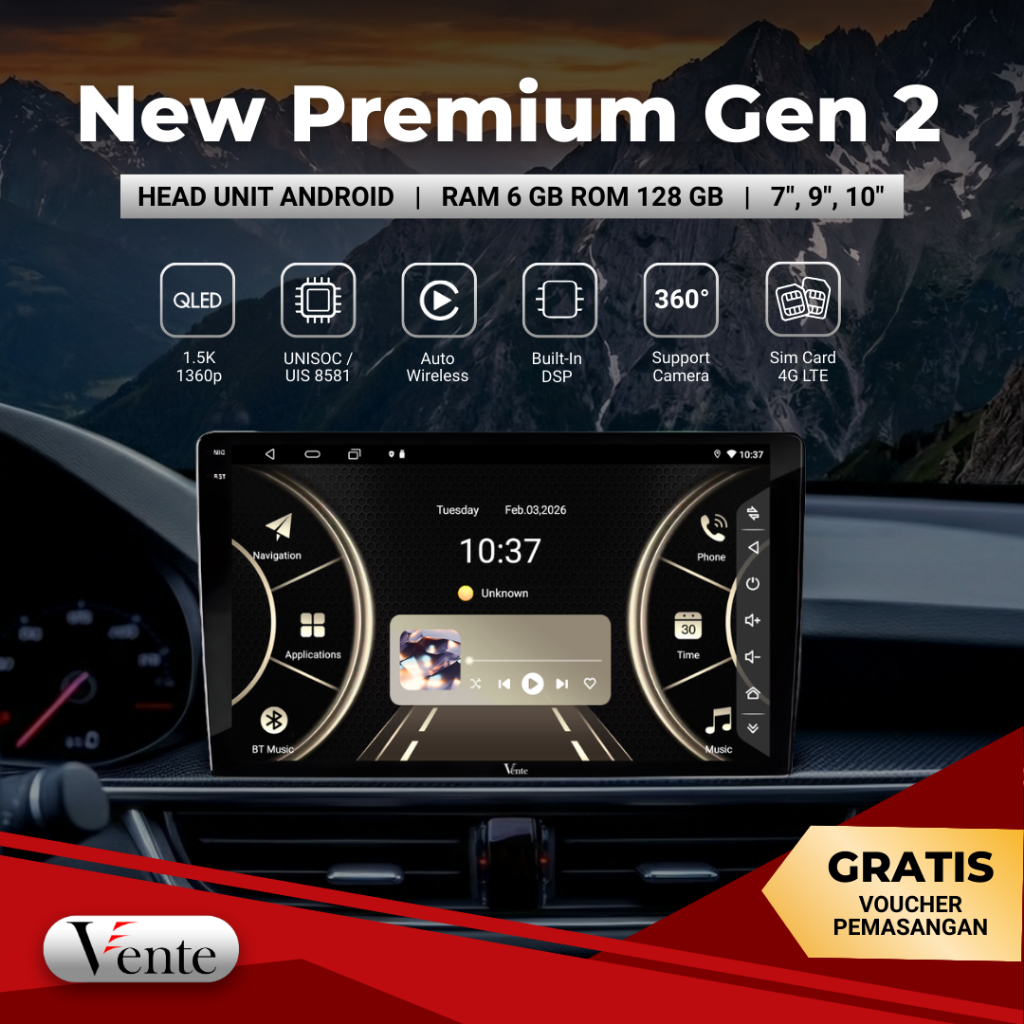 VENTE Head Unit Android New Premium Series Gen 2 Head Unit Mobil 9/10 Inch 1.5K QLED 6/128GB CarPlay
