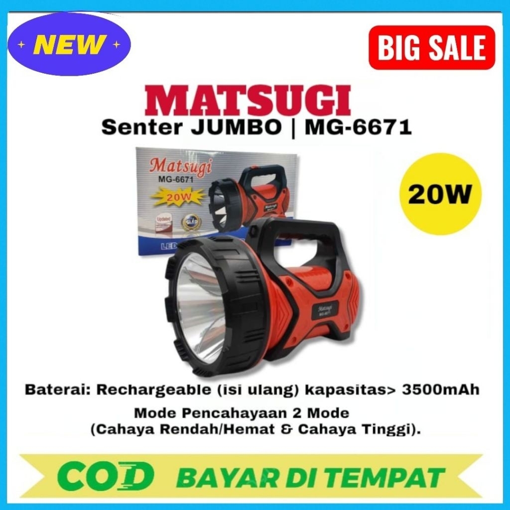 PROMO MATSUGI SENTER JUMBO MATSUGI MG-6671 20 WATT RECHARGEABLE CAHAYA SUPER TERANG