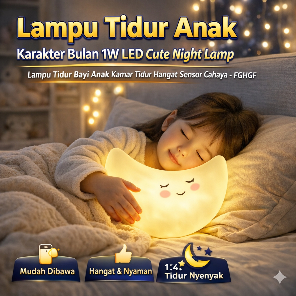 Lampu Tidur Anak Karakter Bulan 1W LED Cute Night Lamp Lampu Tidur Bayi Anak Kamar Tidur Hangat Sens