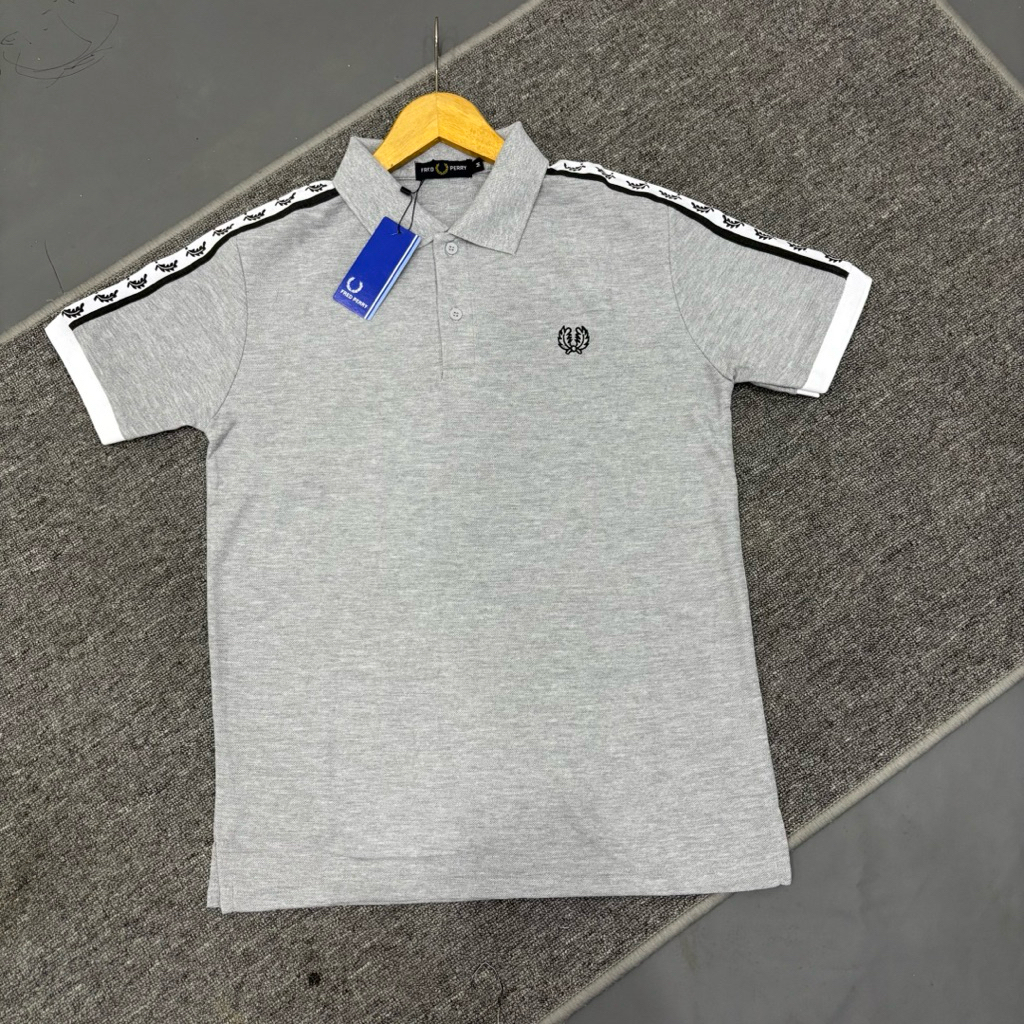POLOSHIRT FP ABU TAPED PUTIH APLIKASI LOGO BORIDER FULLTAG LABEL KAOS POLO TANAGAN PENDEK