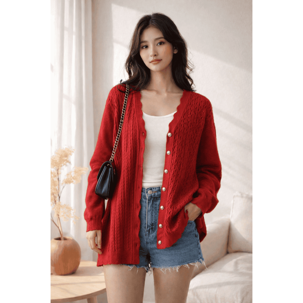 Oversize long Red Knit Sweater/Cardigan Impor Tebal Full kancing depan