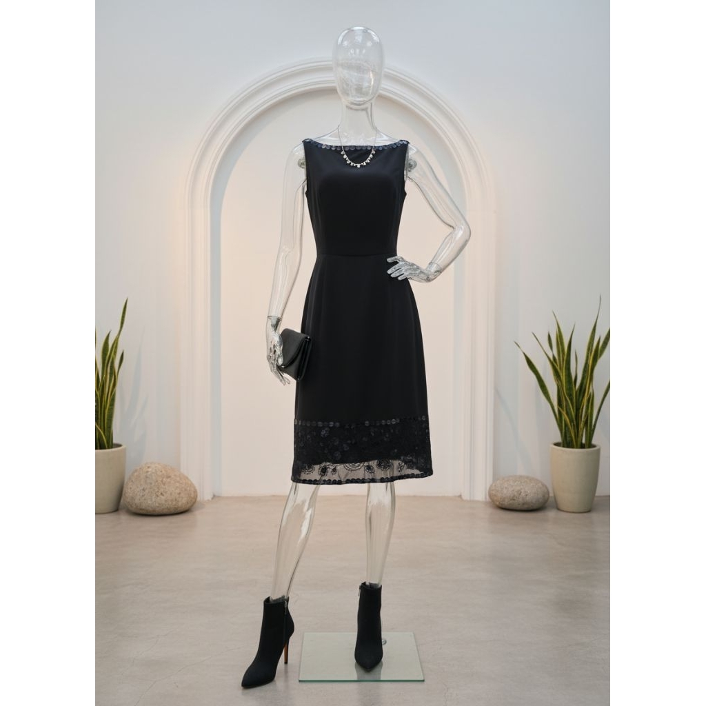 Black Sequin Midi Dress Wanita Elegant Sleeveless Formal Party Dress
