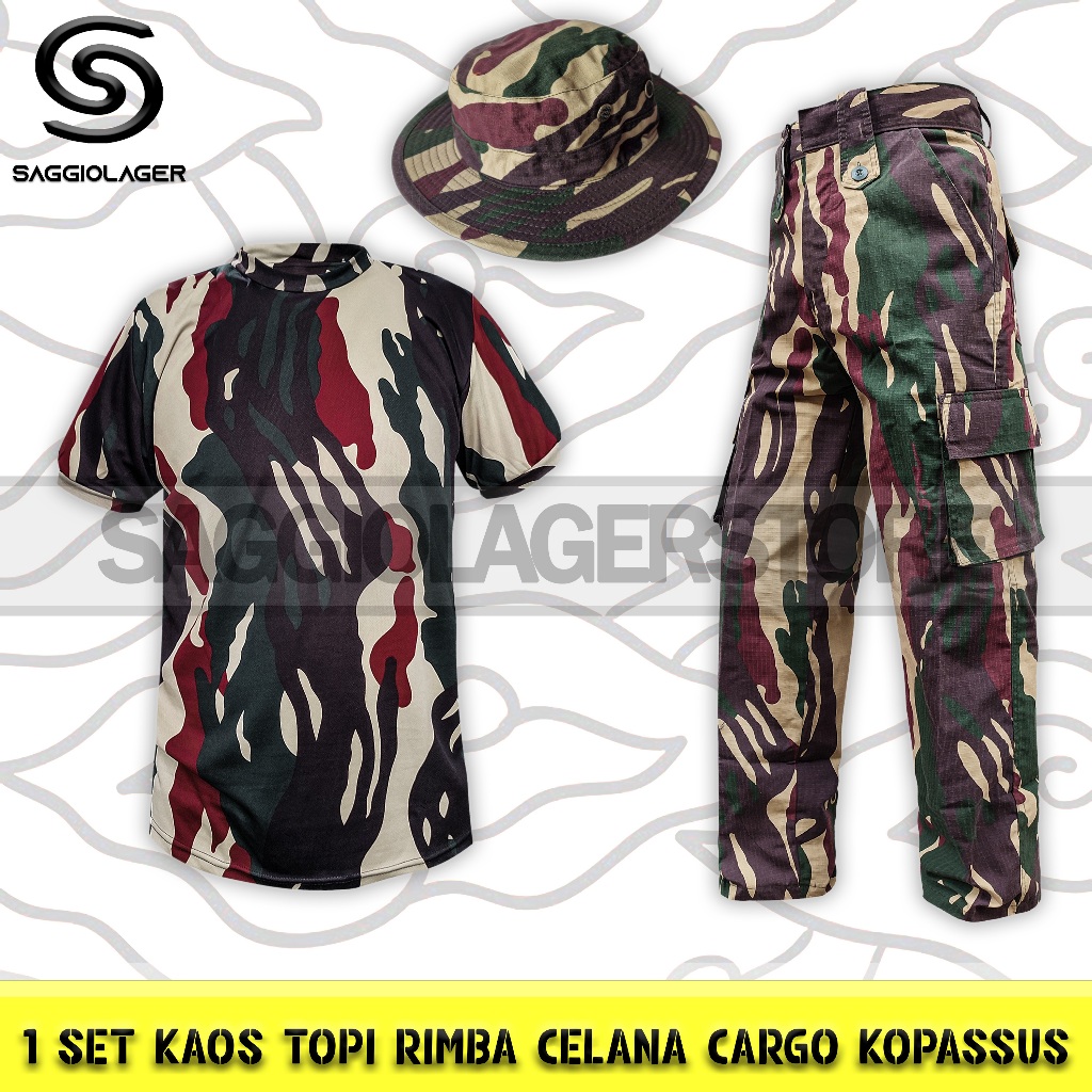 Satu Set Setelan Baju Kaos Dryfit Topi Rimba Celana Pdl Panjang Cargo Loreng TNI Kopassus