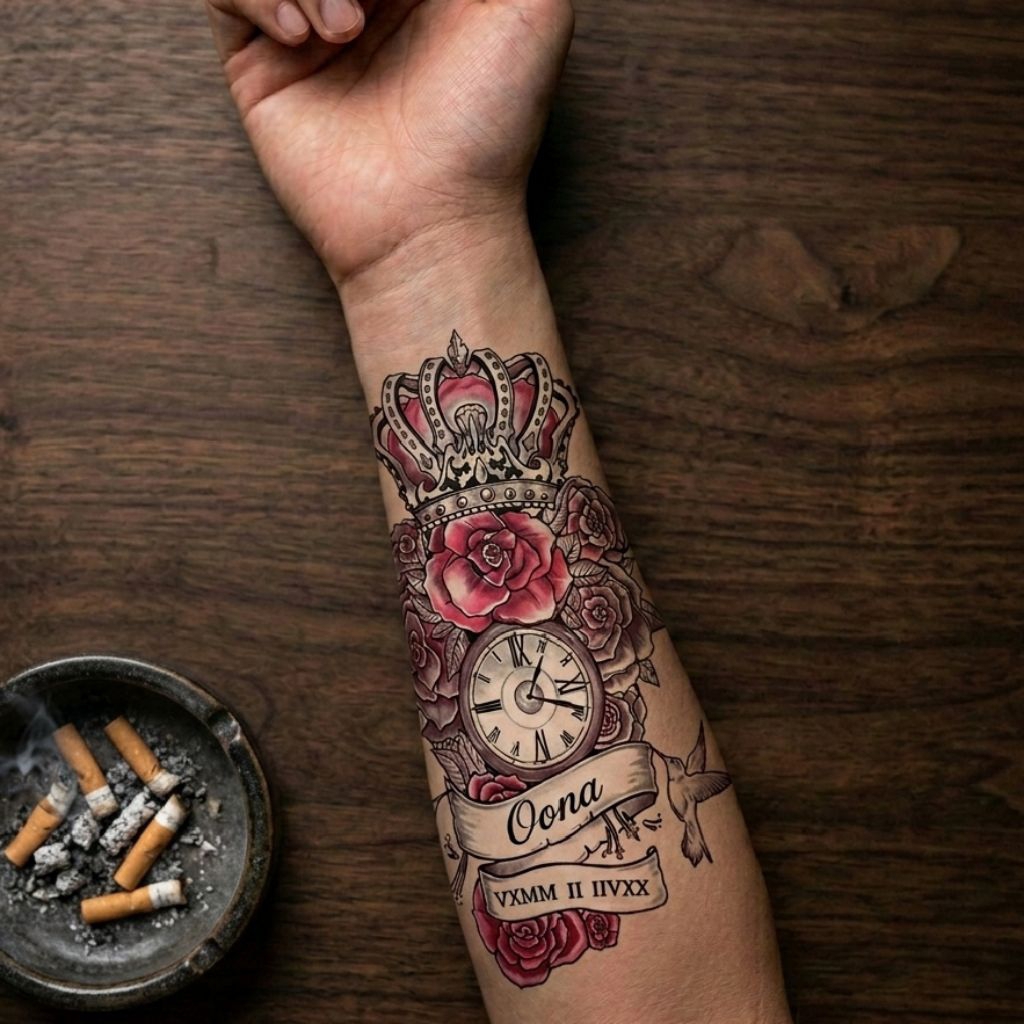 Tato Sementara Motif Jam Romawi & Bunga / Tato Lengan Keren