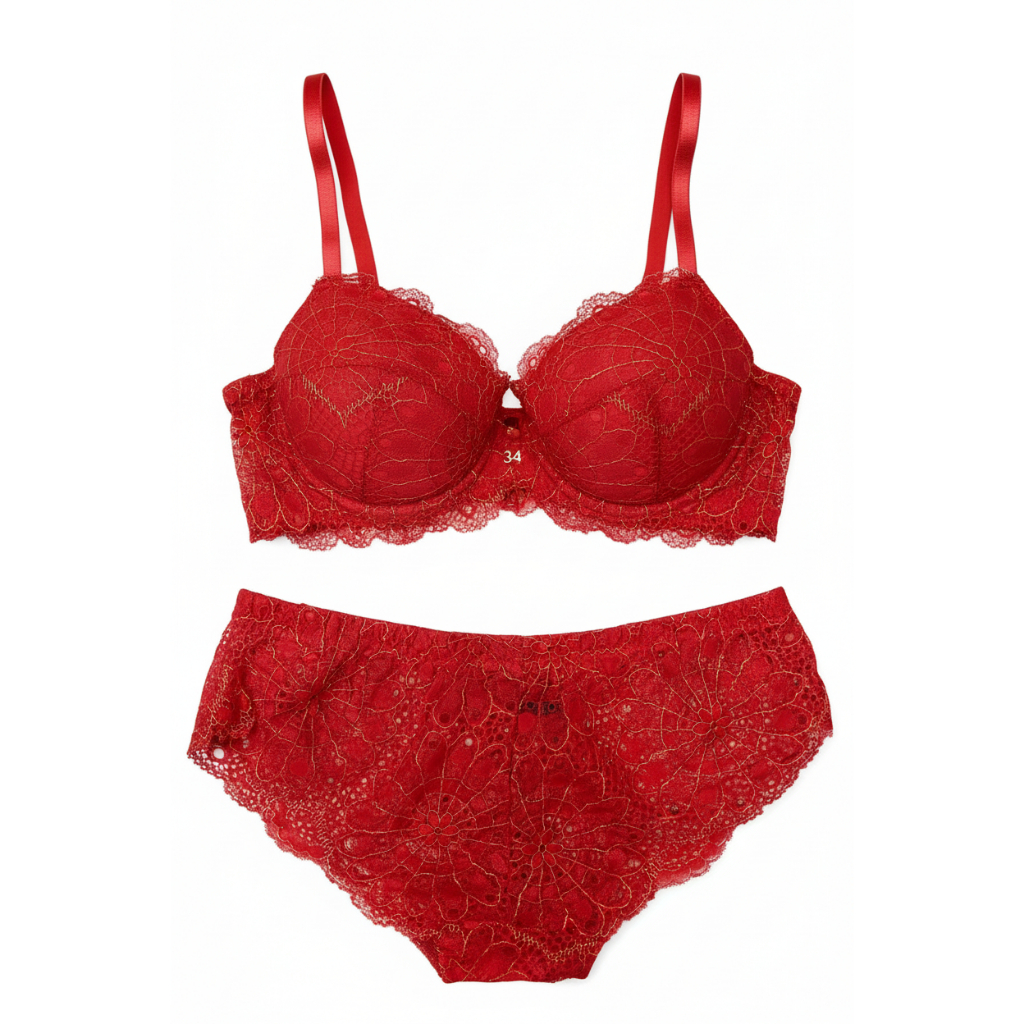 MERAH CD SEGITIGA BRA SET + CD MERAH MOTIF ADA SALUR EMAS ,LINGERIE,BH SET