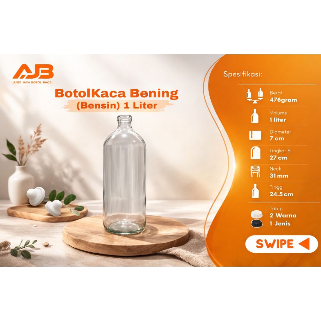paket 16 pcs Botol Kaca 1 Liter - Tahan Panas, Tutup plastik, Desain Bening