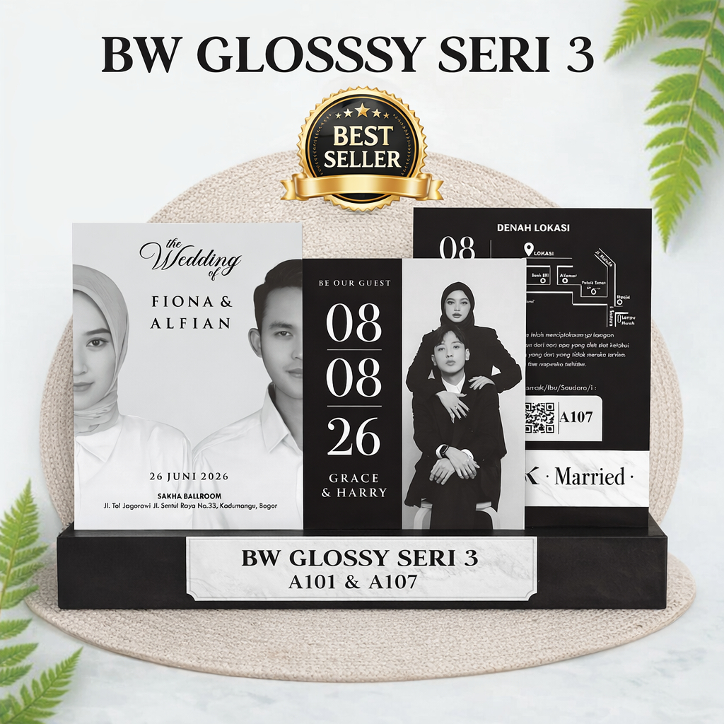 Undangan Pernikahan Custom Glossy BW Seri 3 - Undangan Pernikahan Hitam Putih Free Foto Elegan