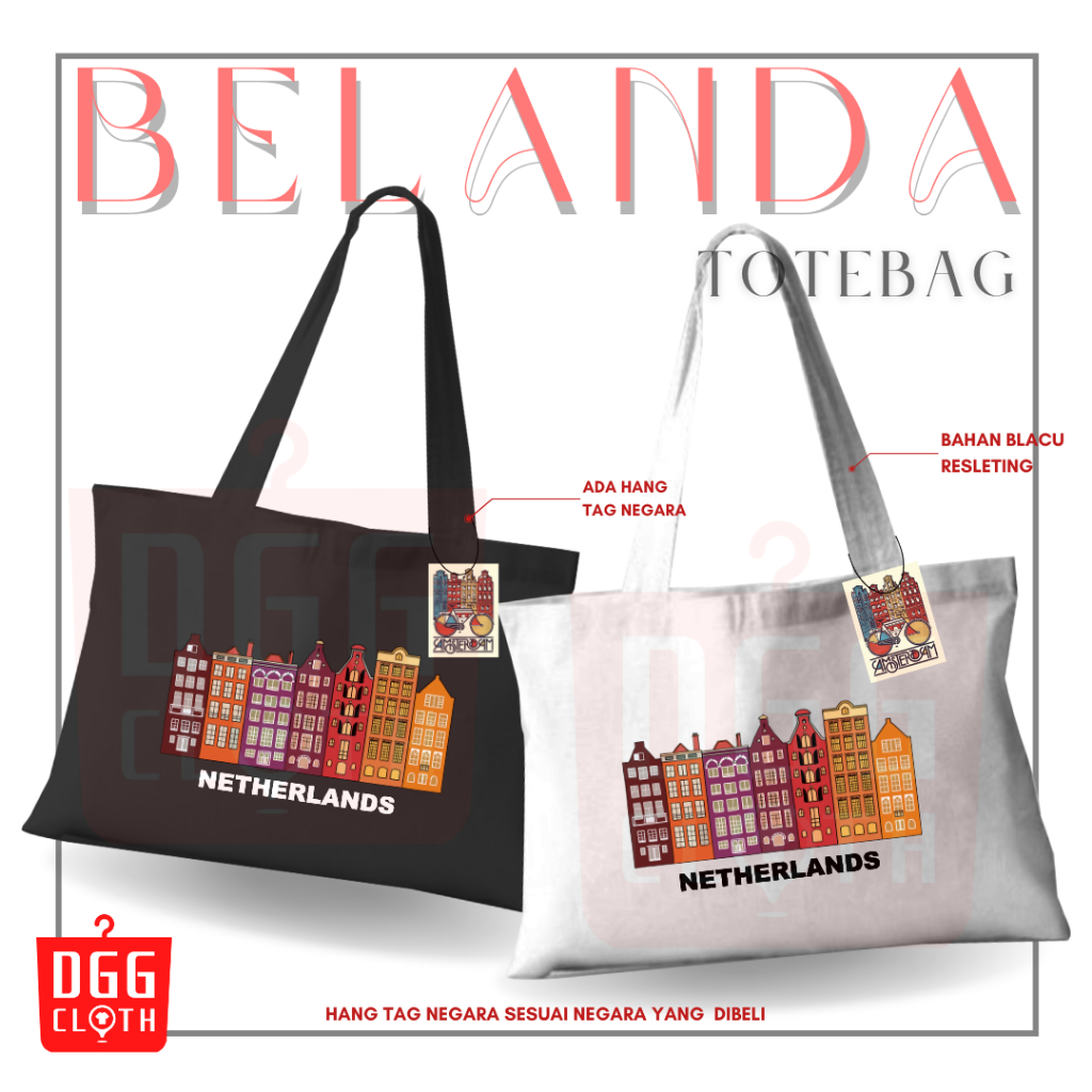 DGGCloth Tote Bag Belanda Amsterdam Totebag Sablon Oleh Oleh Belanda Bahan Blacu Premium Dengan Pere