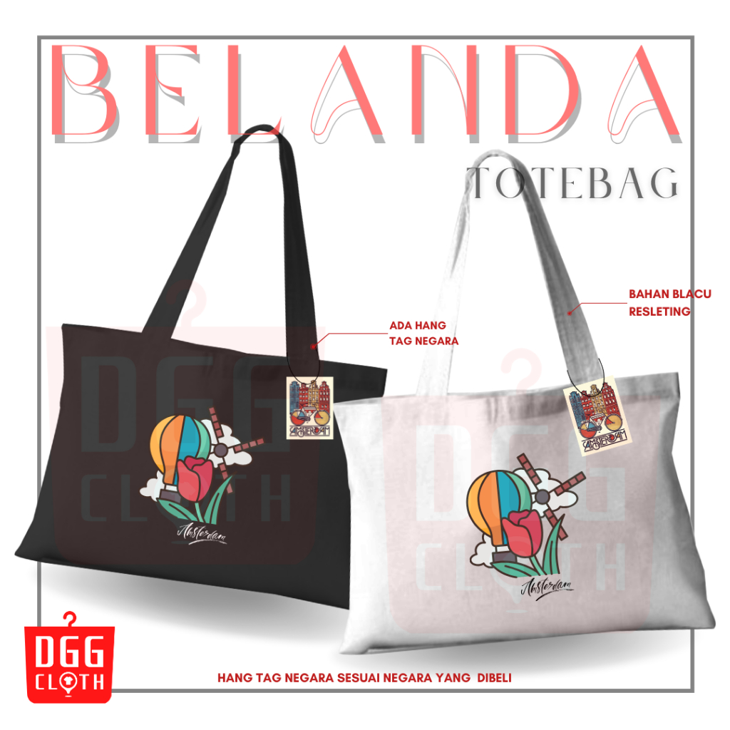 DGGCloth Tote Bag Belanda Amsterdam Totebag Sablon Oleh Oleh Belanda Bahan Blacu Premium Dengan Pere