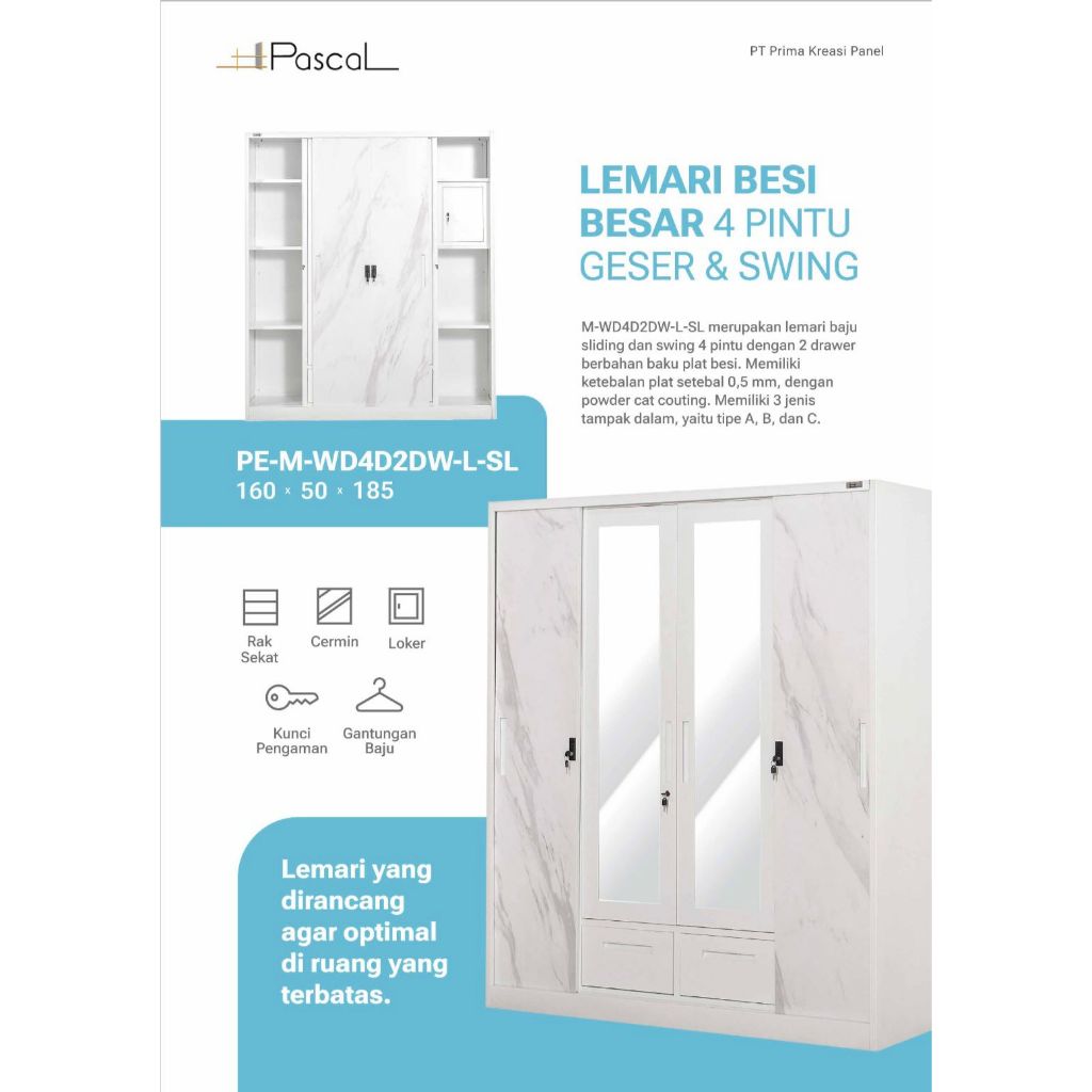 Lemari Pakaian Besi / Lemari Pakaian Sliding 4 Pintu Kaca