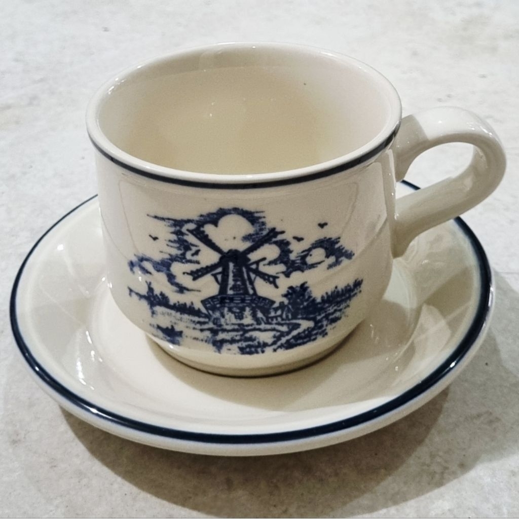 Set Cangkir Lepek Keramik Motif Castle Biru Classic Vintage European Style Cangkir Teh Keramik + Lep