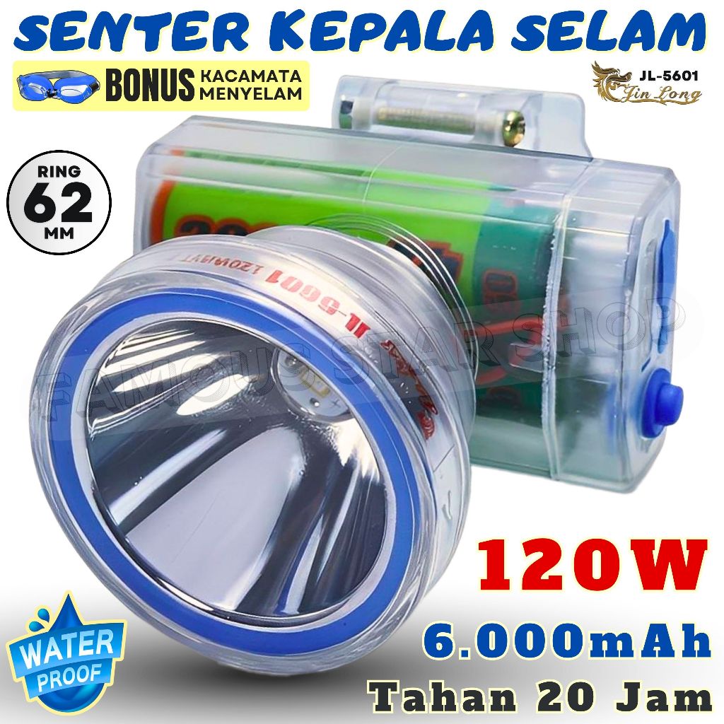 Jinlong JL-5601 Senter Kepala Menyelam 120 Watt Original Cahaya Putih Kedalaman 200 Meter Kapasitas 