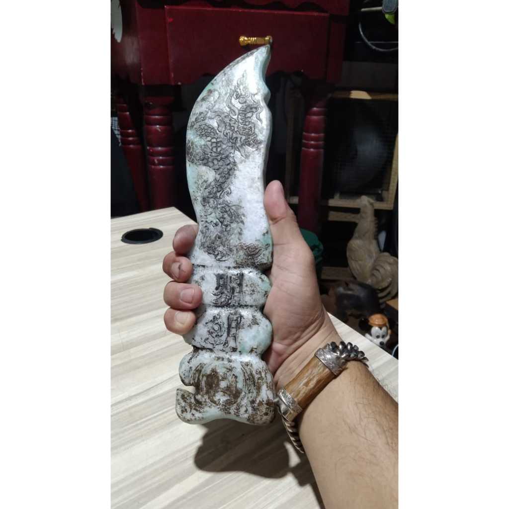 Giok Sabun Ukiran Pedang Motif Naga Aksara Cina 30x7cm Kuno Jadul Antik