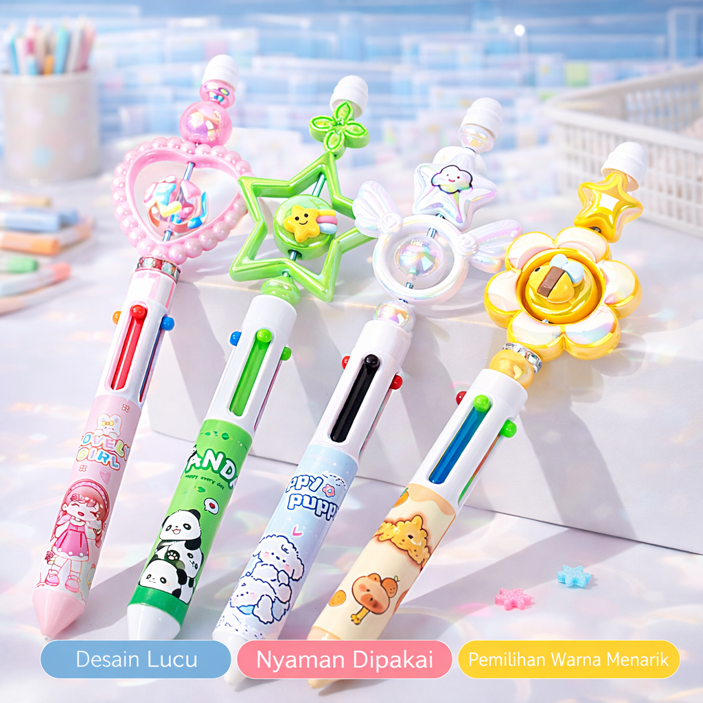 4 Color Pen Lucu/Pulpen Sekolah Aesthetic,Adorable Character,Cocok untuk Sekolah,Koleksi Gift Anak R