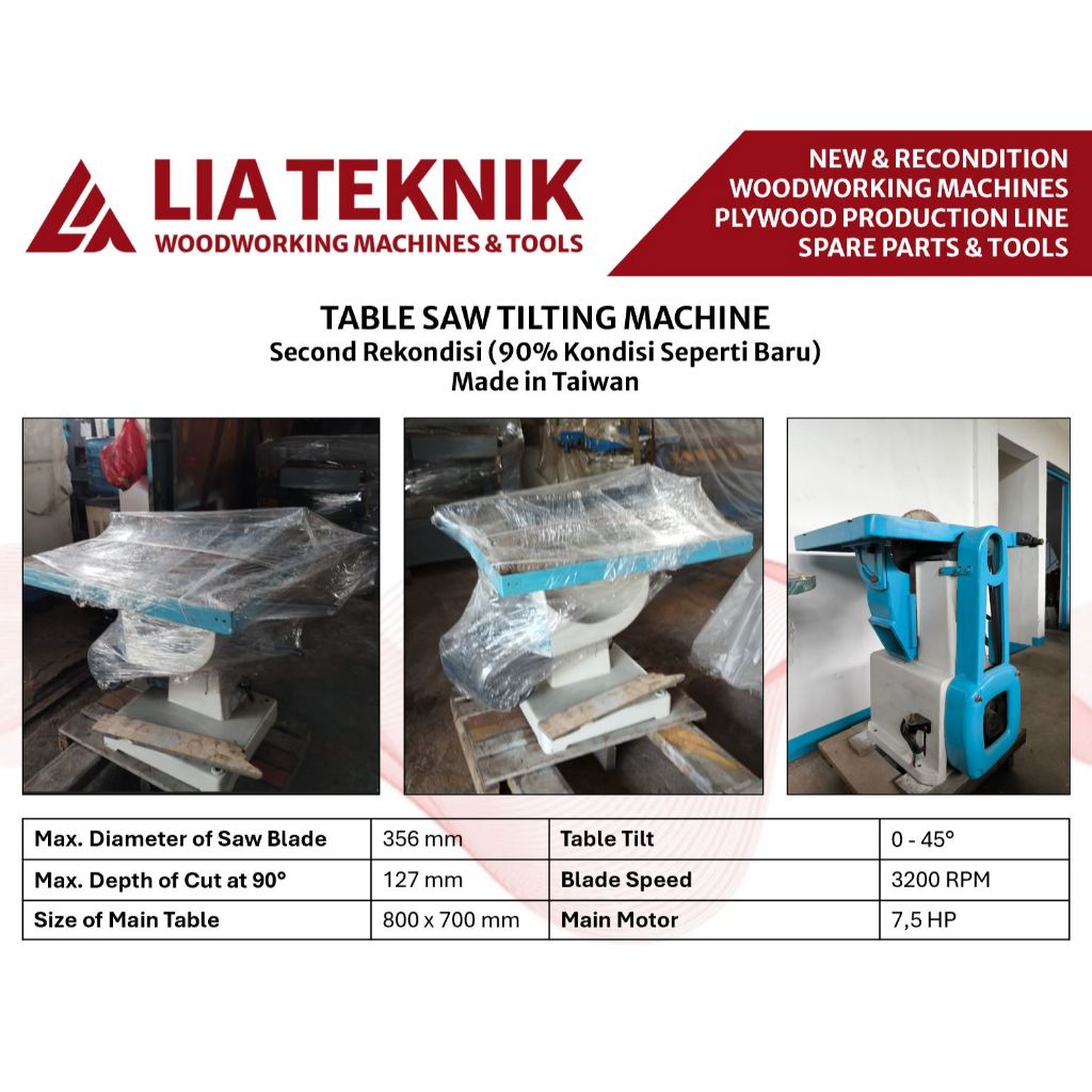 Mesin Table Saw Tilting Table Mesin Belah Meja Tilting Second Rekondisi 90% Kondisi Seperti Baru Mad
