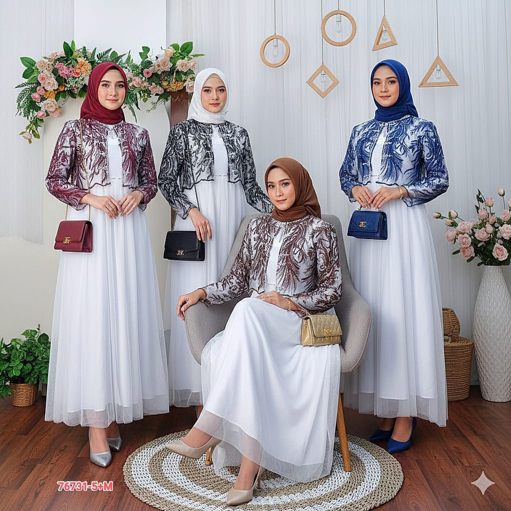 Gamis Edisi Lebaran Outer Brokat Mix Tulle Putih – Dress Muslimah Elegan Premium 4 Warna