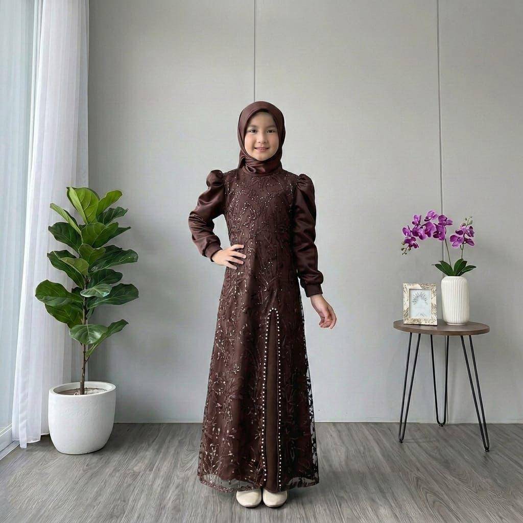 KID NAURA ( S 3-4thn, M 5-6thn, L 7-8thn, XL 9-10thn, XXL 11-12thn) Gamis pesta anak baju pasangan i