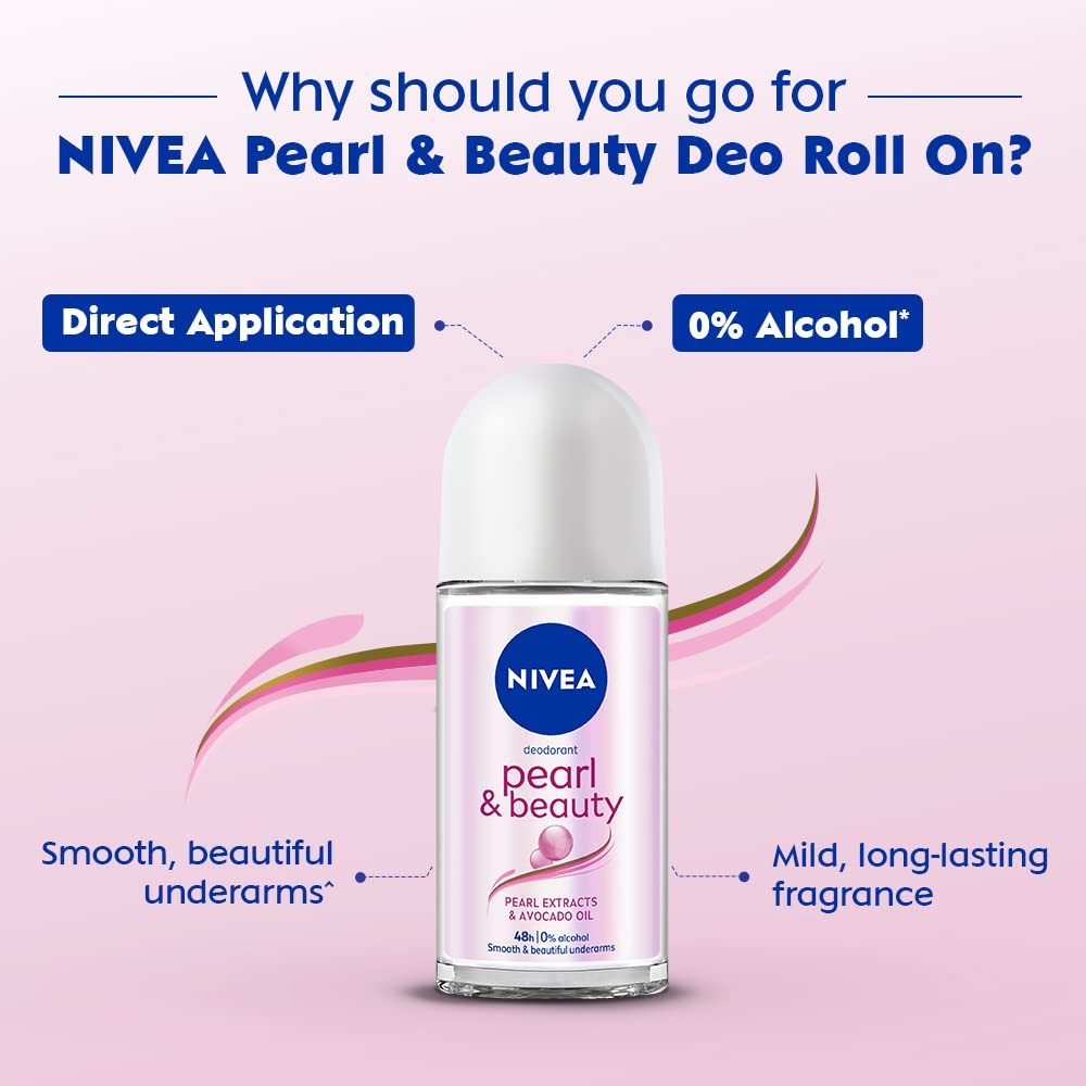 NIVEA Pearl & Beauty Roll On 50ml – Deodorant 72 Jam, 0% Alkohol, Dengan Pearl Extract & Avocado Oil