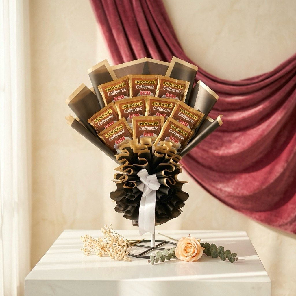 Buket/Bouquet/bucket kopi  indocafe /indocoffe coffemix 3in1  Graduation/wisuda/sidang/ulang taun/an