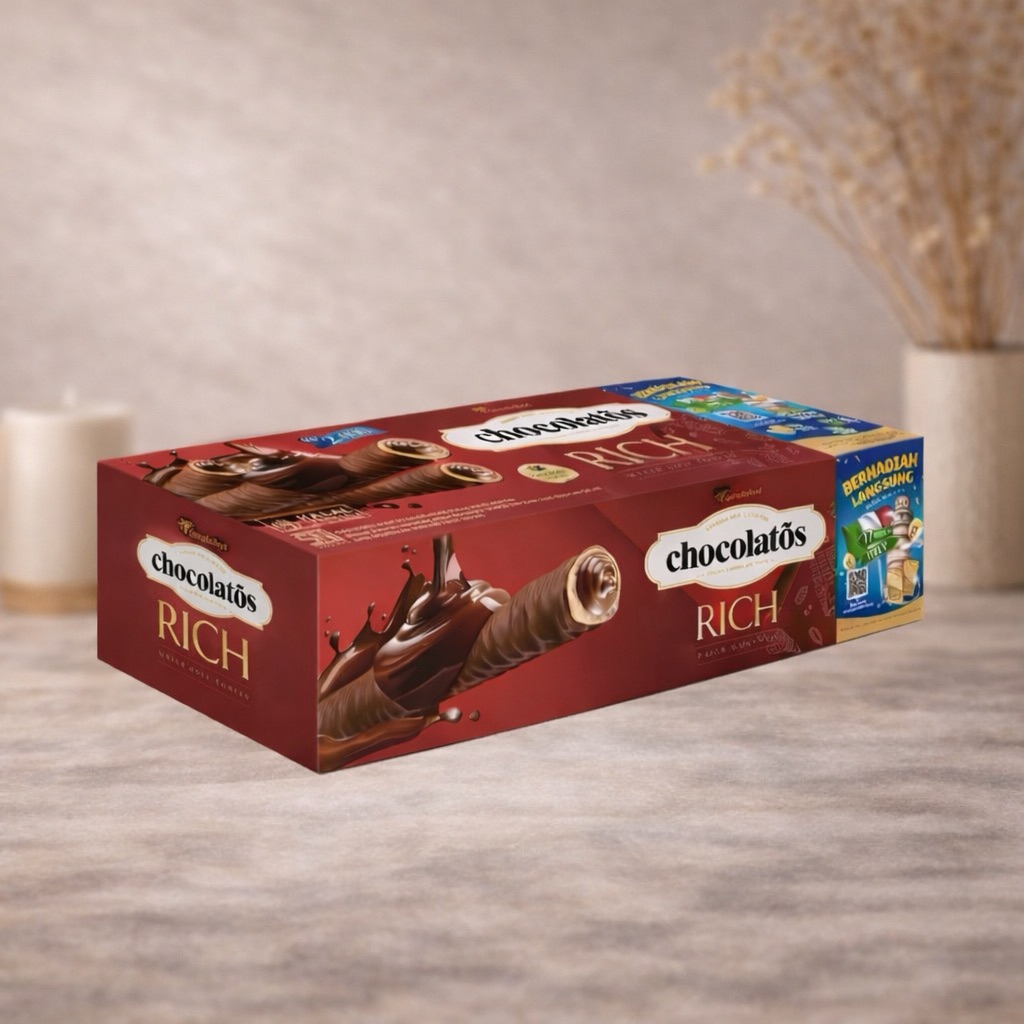 Chocolatos Rich Wafer Roll - 12 pcs, Rasa Coklat Italia, Krim Coklat Berlimpah