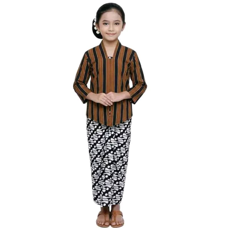 SETELAN Baju Surjan Cewek Kebaya Lurik Jawa ANAK + Jarik Wiru Jarik Instant Batik Putih