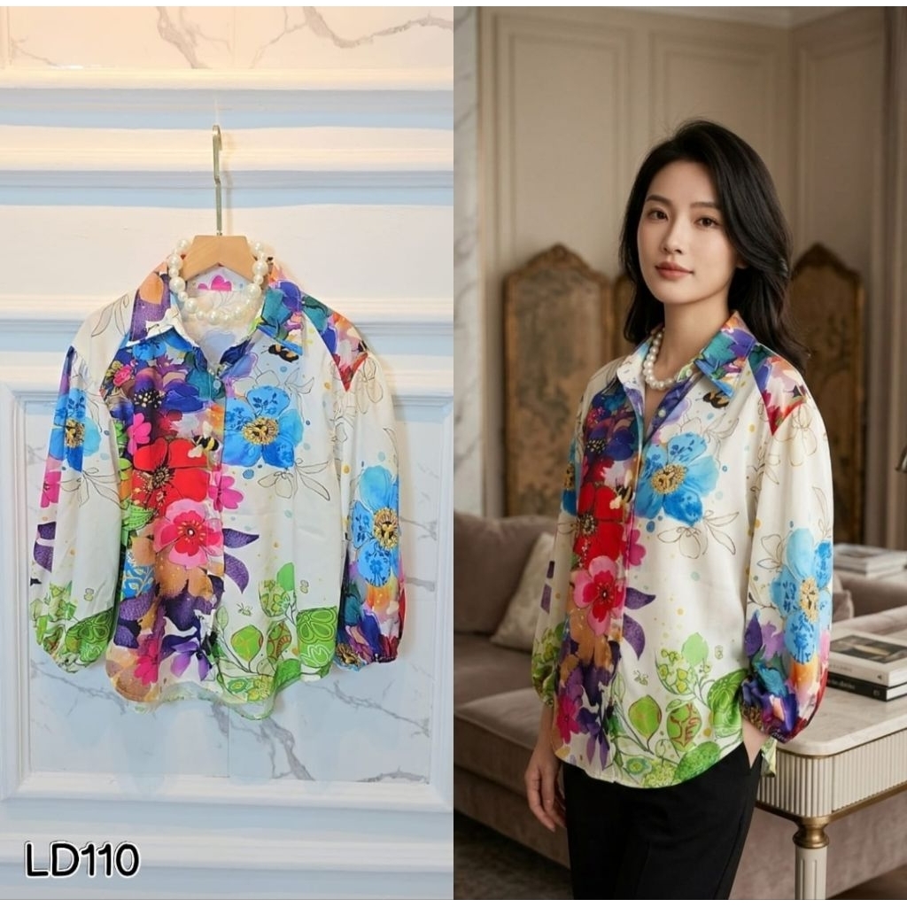 Kemeja Lengan Panjang Wanita Atasan Wanita Bangkok BKK Blouse Bahan Katun Silk Import Motif Bunga