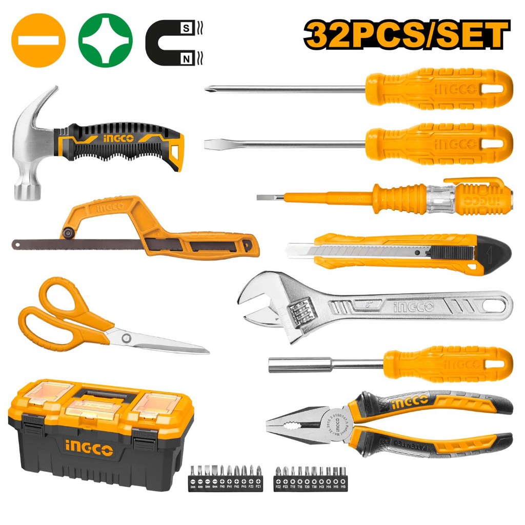 INGCO Tool Box 32pcs Hand Tools Set HKTHP10321 Kotak Perkakas Alat Perbaikan Rumah dengan 20 Bit Obe