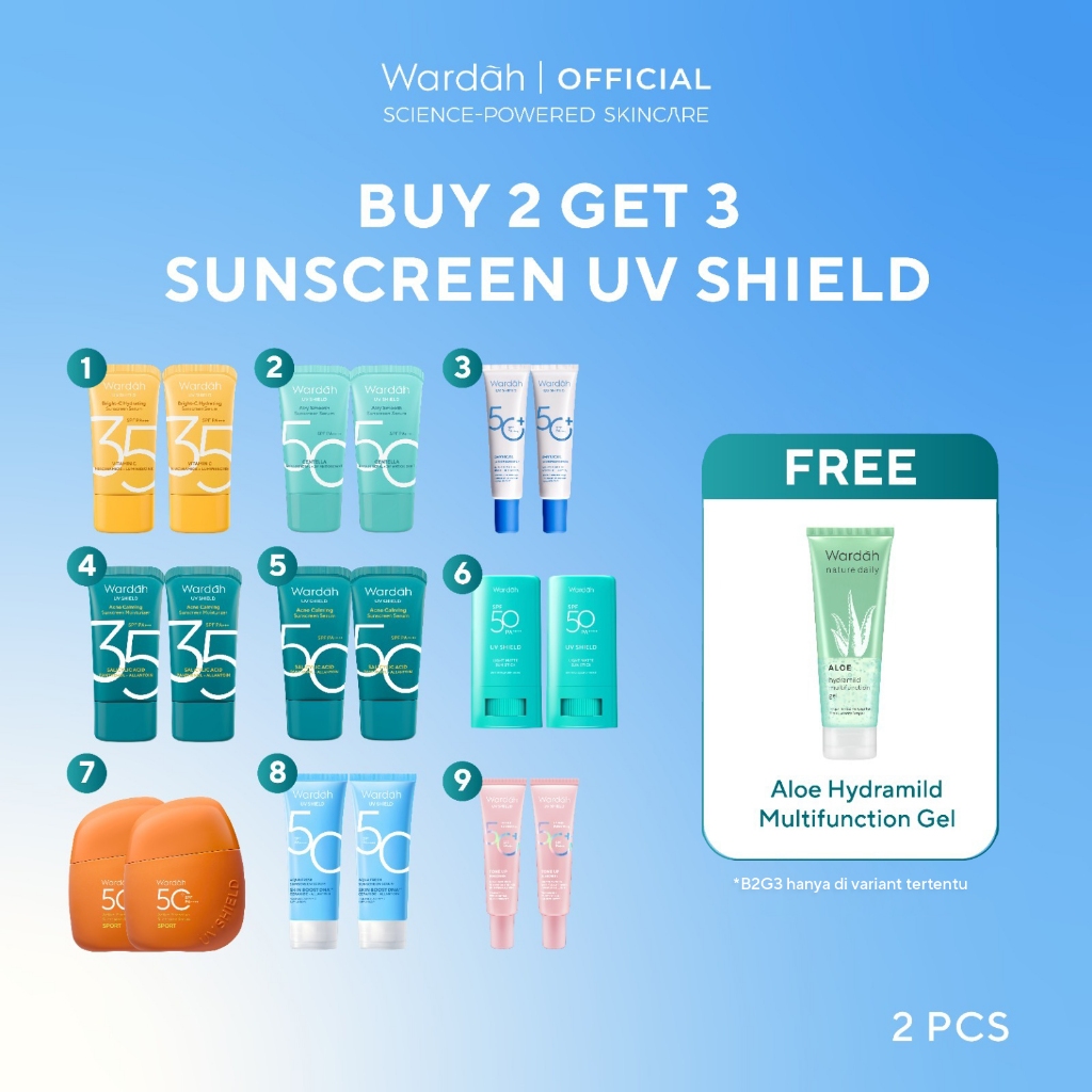 Wardah Sunscreen UV Shield Twinpack Buy 2 get 3 SPF 35 PA +++ / SPF 50 PA++++ (Airy Smooth, Essentia