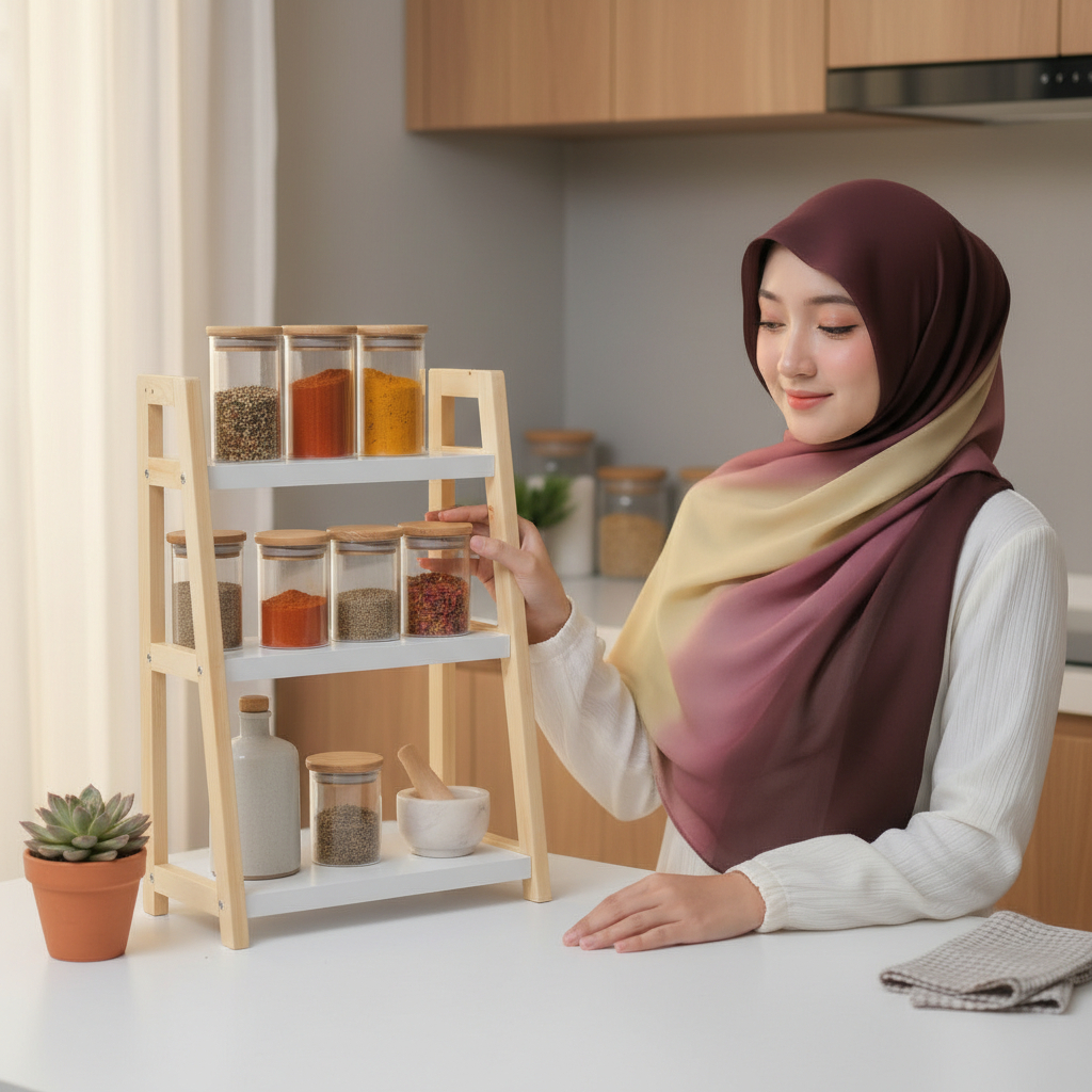 Rak Bumbu Dapur Estetik 3 Susun Kayu Minimalis Putih - Meja Dapur