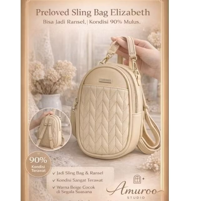 Tas Wanita Elizabeth Original 2in1 Sling Bag & Ransel Mini | Beige Nude | Kondisi 95% Like New Prelo