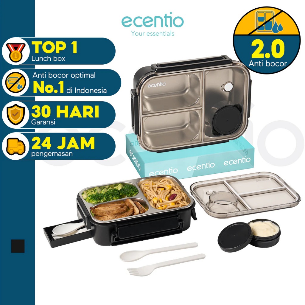 Lunch Box Stainless Steel Ecentio 3 Sekat Anti Tumpah Anti Bocor