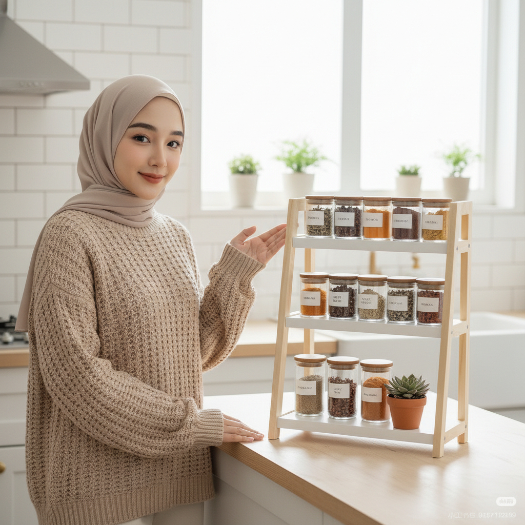 Rak Meja Kayu 3 Susun Minimalis - Rak Bumbu Dapur Estetik