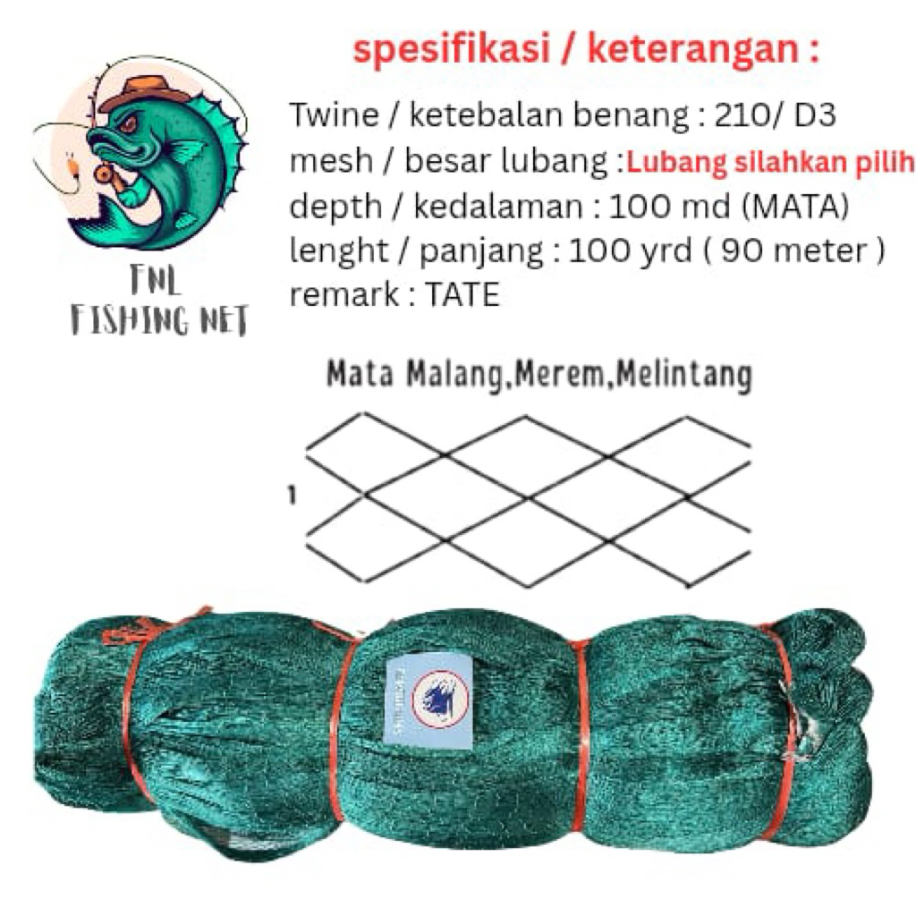 jaring ikan nilon bahan benang D3 100 x 100 ( lubang silahkan pilih )